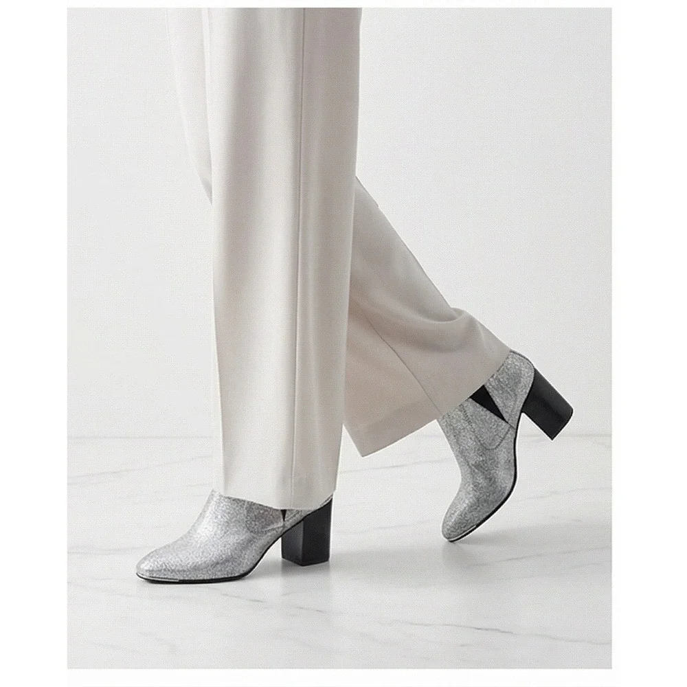 Report Signature 7M Silver Cracked Leather Pointed Toe Ankle Boots Block Heel‎